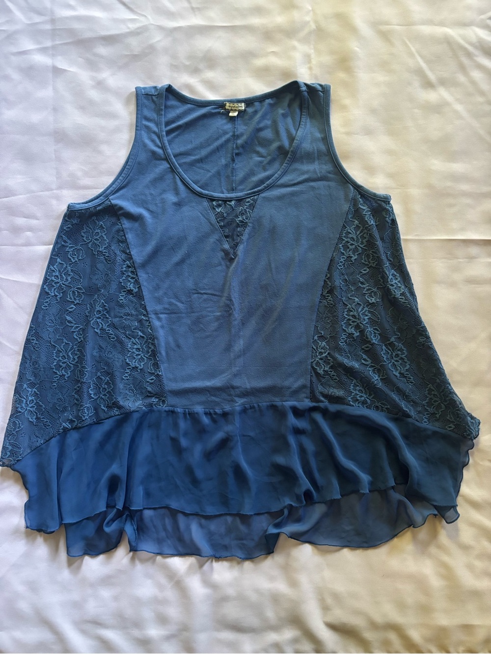 Blue Lace-Trim Tank Top with Ruffle Hem